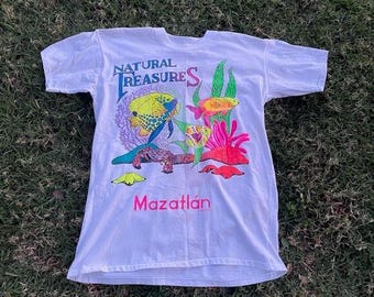 Vintage 90s Single Stitch Mazatlan Mexico Multi Color Neon Tropical Fish Puff