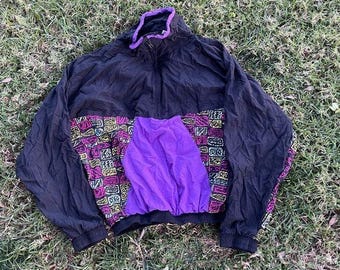 80s 90s Multicolored Neon Windbreaker Ski Jacket Pull OverTurtle Neck Medium