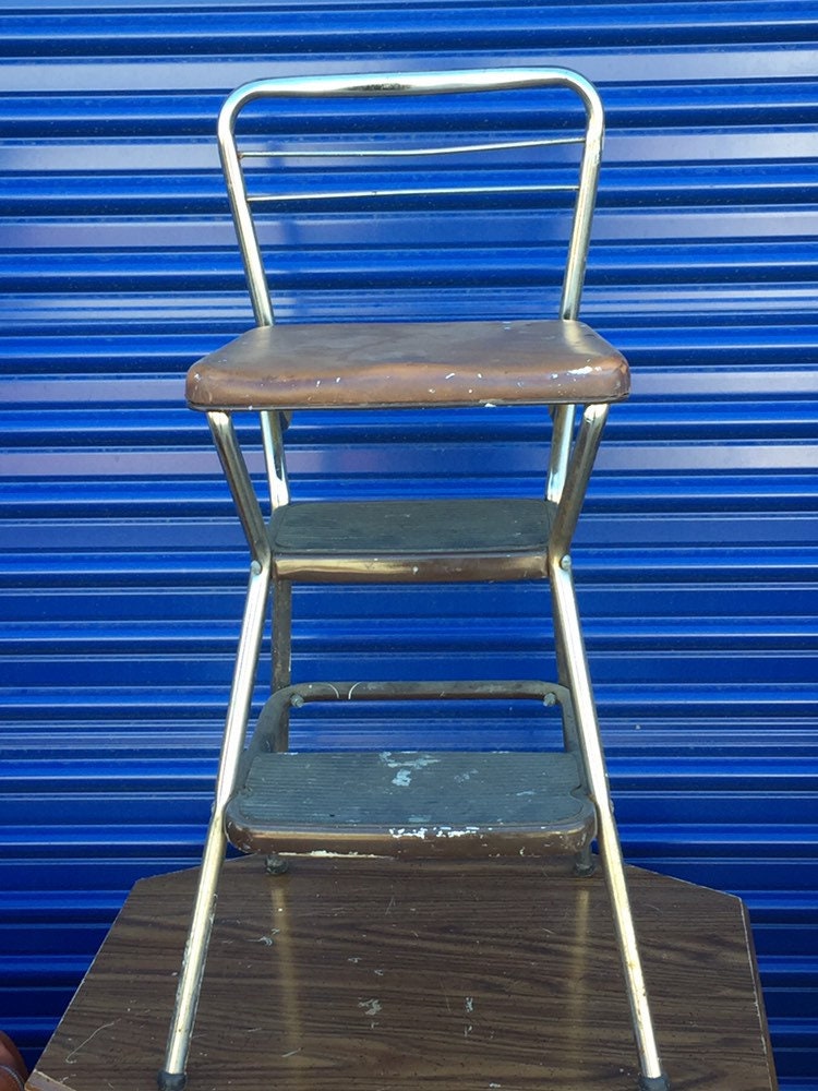 Vintage Mid Century Modern Cosco Chrome And Brown Vinyl Kitchen Flip Step Stool Chair