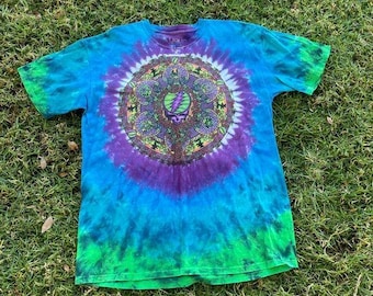 Y2k Liquid Blue Grateful Dead Tie Dye Double Sided Graphic XL Printed Tag 2000