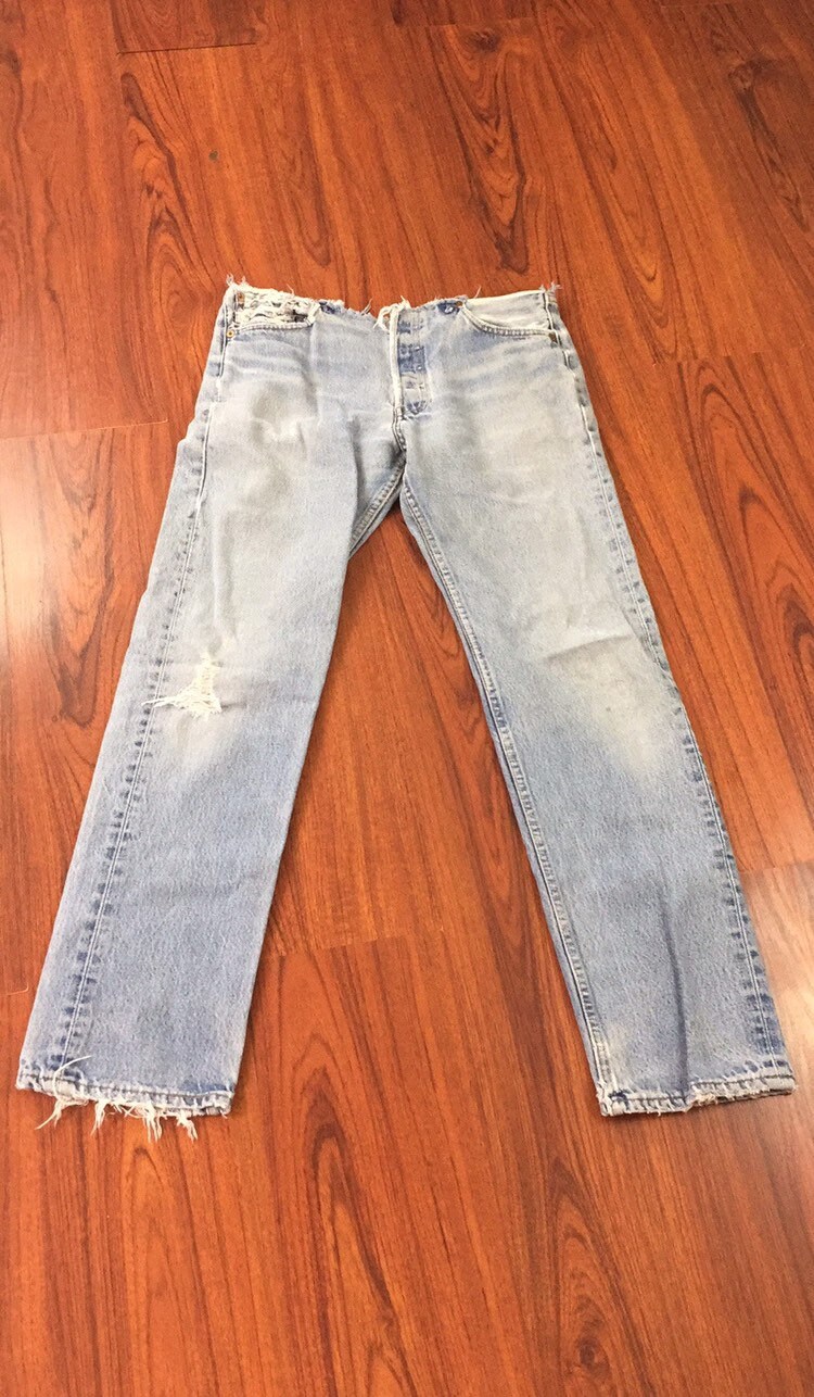 Vintage Destroyed Distressed Levis 501 Jeans, Light Stone Wash Slashed Denim Jeans, Ripped