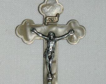 CROSS old 48 mm. 20th century crucifix, metal, mother-of-pearl imitation, Portugal cross FATIMA