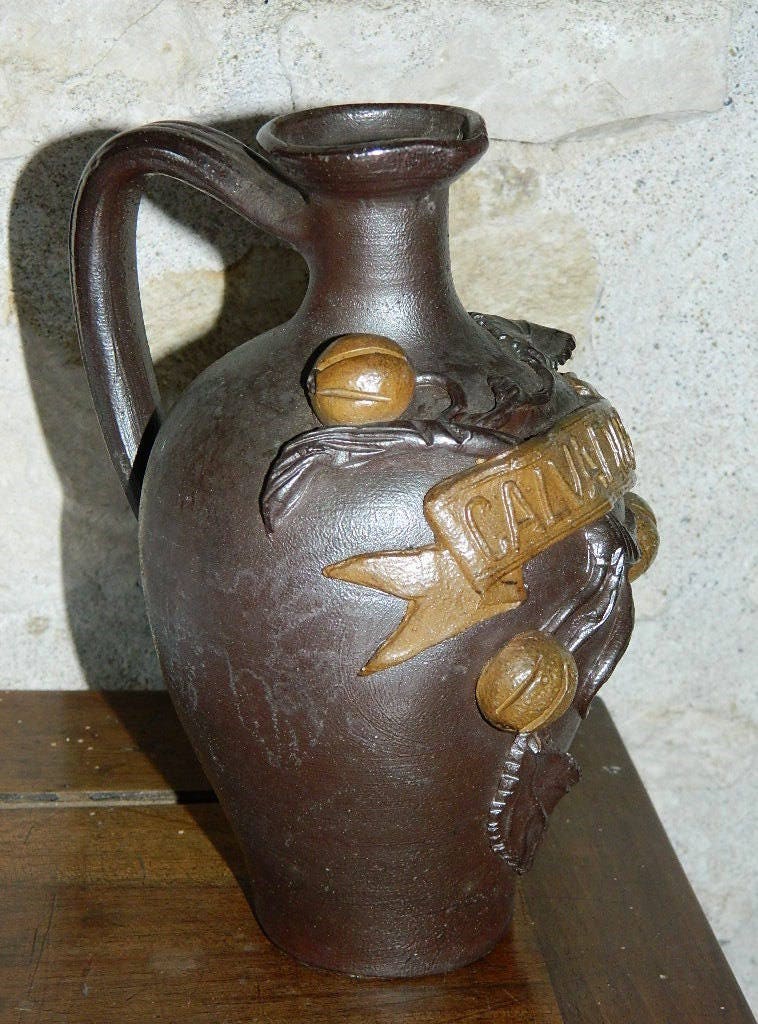 CARAFE "CALVADOS" PITCHER Small Bottle Calvados Stoneware Antique Barware Vintage Brewerania Calvados Apple Brandy Bottle