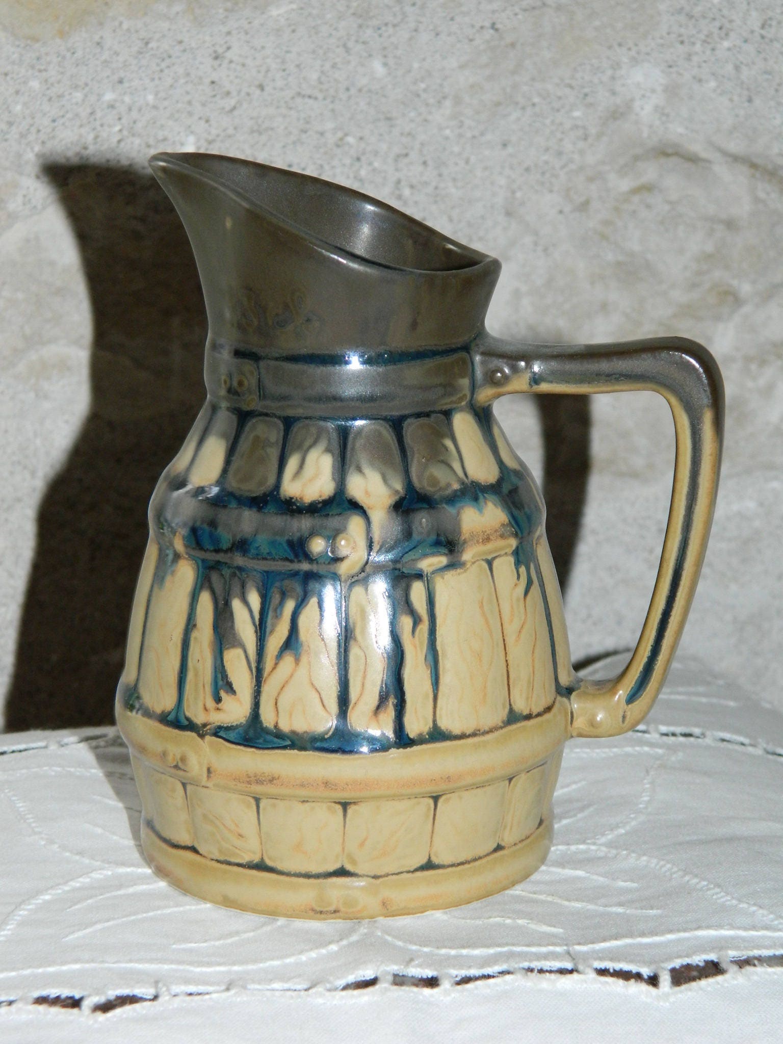 Pichet Carafe Vintage En Grès – Tons Bleu, Ocre Et Noir – Céramique Artisanale Sans Marque