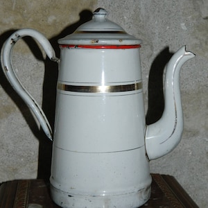 old metal coffee maker enamelled 1920s for decoration, vintage French pop Kettle French enamel.