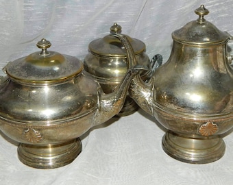 teapot, coffee pot and sugar bowl, SERVICE in silver type metal.. with hallmarks. vintage from France.