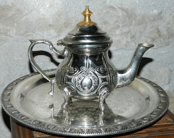 teapot and tray, for Decoration! Vintage. silver type metal. with punches.  vintage from France.