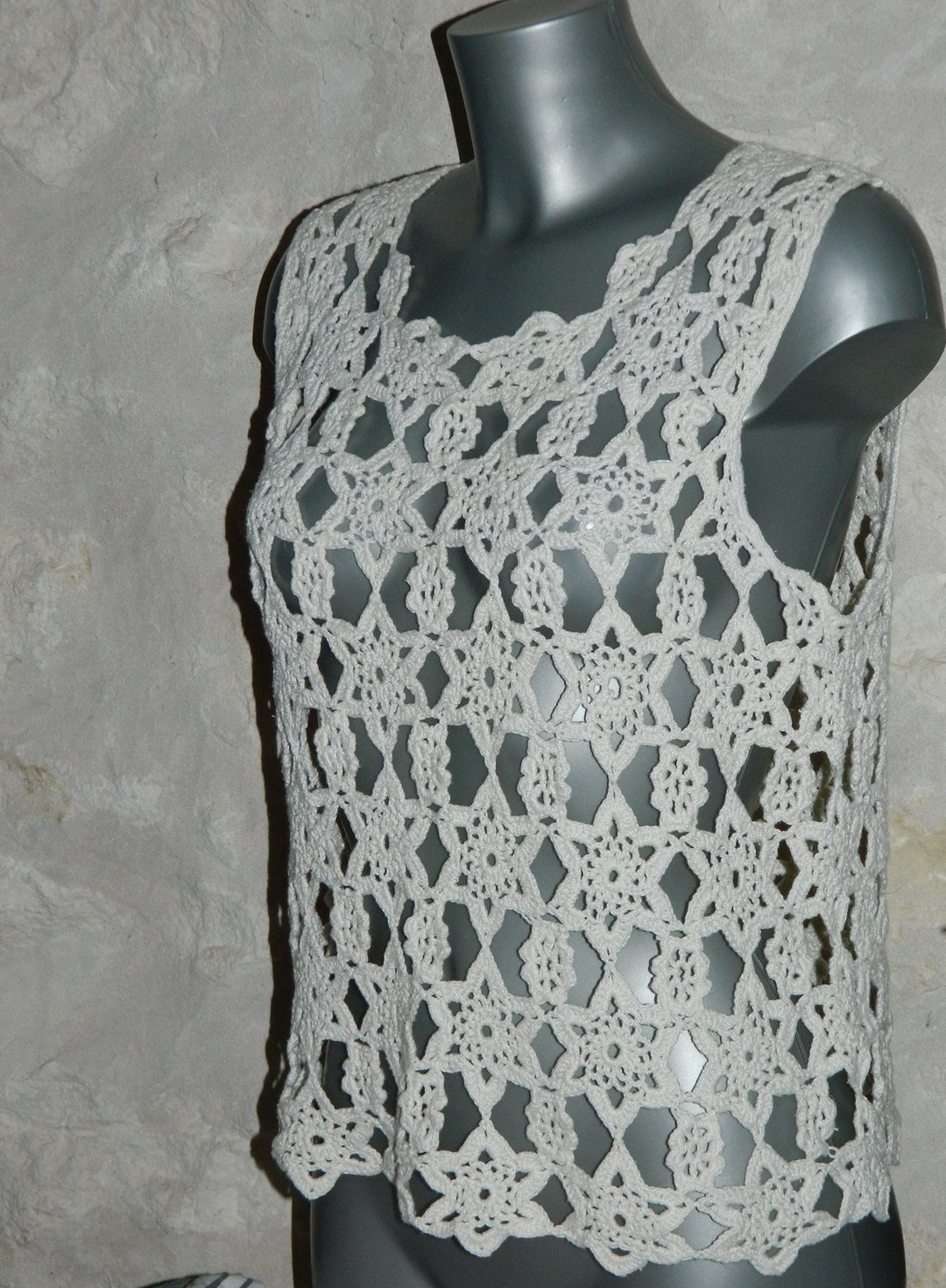 Buy Top Handmade Crocheted Cotton Mesh Romantic Size 38/40. Online in