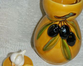 OLIVE jar. Vintage ceramic kitchen. french Vintage 1980s hand-made