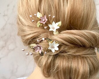 Haarnadeln, Rosa Blumen-Haarschmuck, Süßwasserperlen-Haarspangen für die Braut, Blumenhaarteil, Hochzeitsblumen, Altrosa