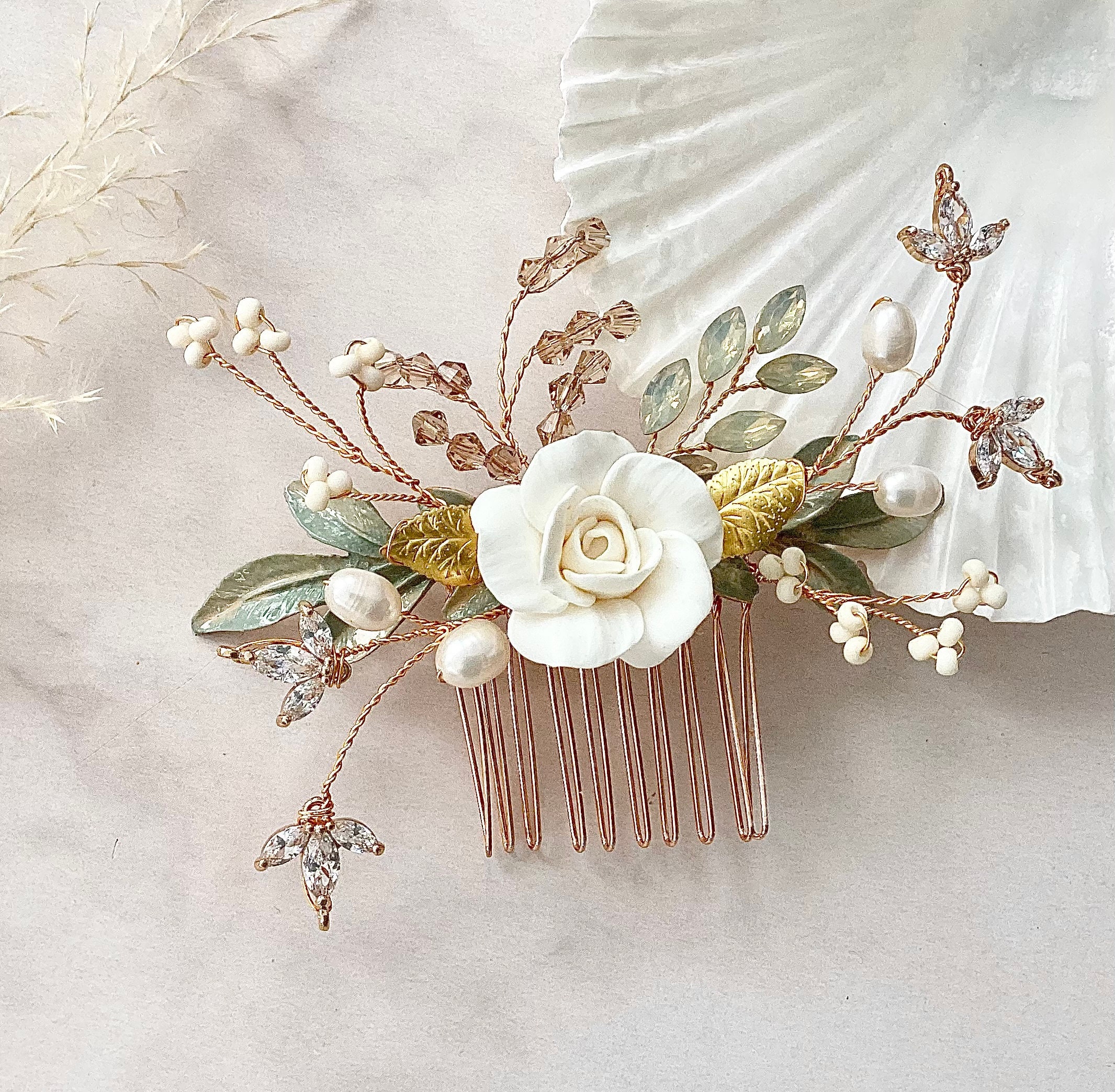 Handgefertigter Braut-Haarkamm Mit Grünen Kristallen – Goldener Legierungsdraht, Ca. 17 Cm | Für Hochzeit, Party & Fotoshootings