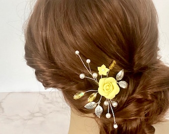 Hair pins, Yellow rose hair accessory for wedding, Floral hair piece, Clay flowers, Bridesmaid hair pins,Bobby pins, Beach wedding.