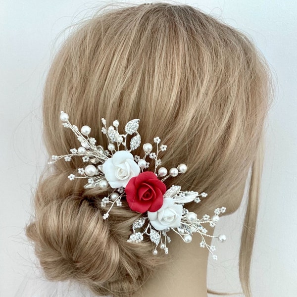 Bridal hair piece, Red rose headpiece for weddings & special occasions, Flower hair comb,Mother of the bride, Bridesmaid hair comb,