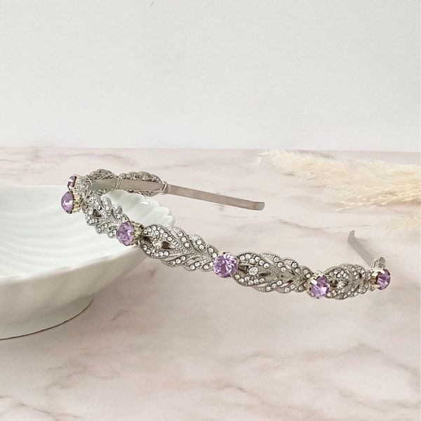 Bridal hair piece, Lilac crystal headband perfect for weddings, Silver hair band, Crystal head piece, Bridal hair accessories,