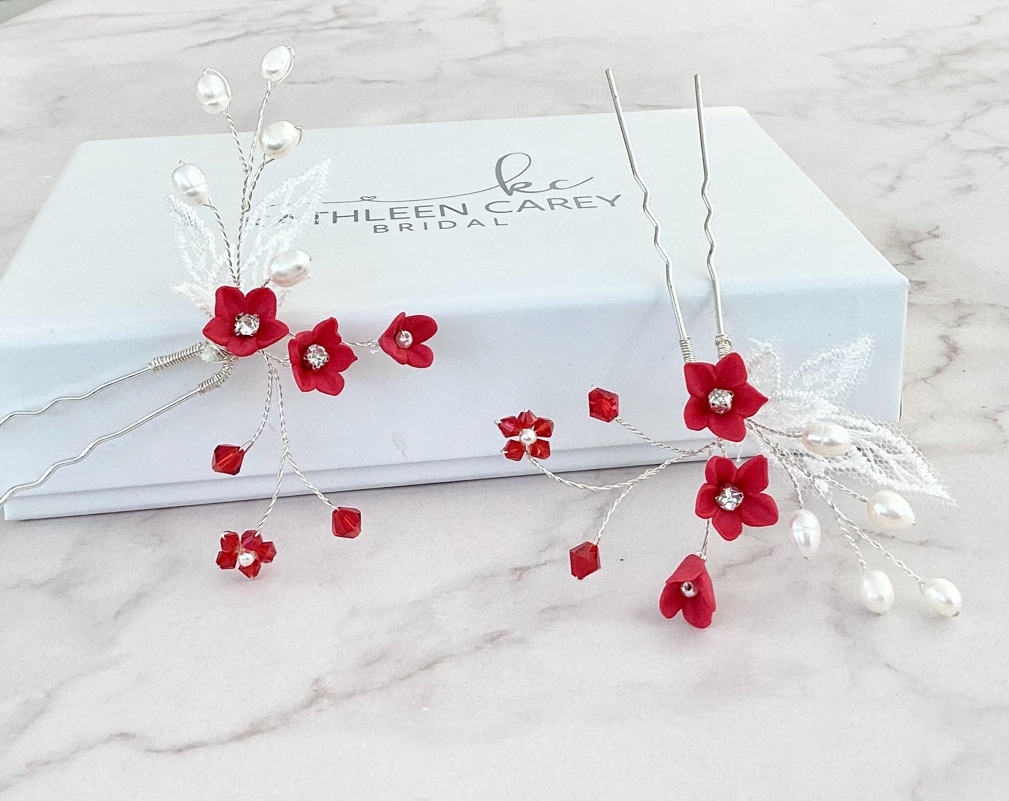 Crystal Bride Wedding Hair Pins Silver  Piece Bridal Flower Hair Accessories Red Wine Red Bridal Crystal Hair Comb and Earrings Set - Elegant  main image 3