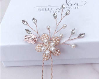 Bridal hair pin, Rose gold hair pin, Bobby pin, Floral pin, Bridal hair piece, Wedding hair clip, Pearl hair pins, Brides flower hairpiece,