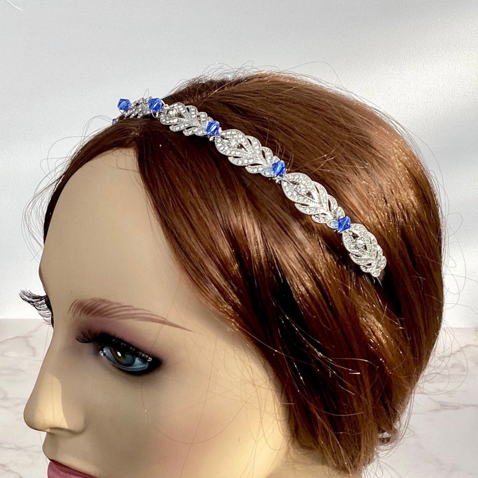 Blue Crystal Bridal Headband Handmade Wedding Hair Piece for Brides and Bridesma Bridal Hair Piece, Blue Headband for Bride Bridesmaid  main image 3