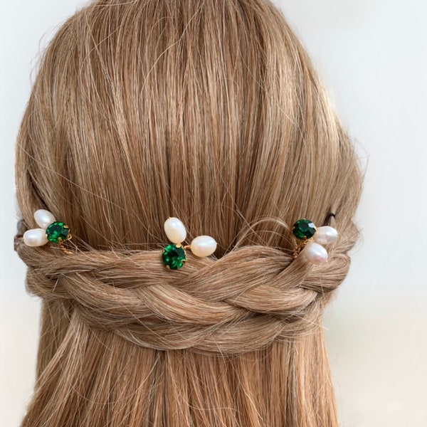 Bridal hair pins ,Pearl and Emerald green coloured crystal & freshwater pearls, fine hair accessories perfect for the Bride or Bridesmaids.