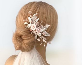 Bridal hair comb, Blush pink rose with lace bridal headpiece, Wedding hair accessories, Flower hairpiece, Pearl comb, Mother of the bride
