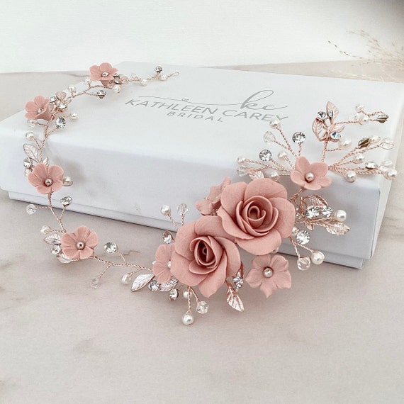 Bridal Hair Vine, Boho Style, Rose Gold, Blush Flowers  display picture 1