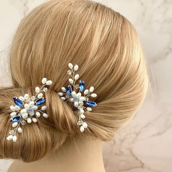 Bridal hair pins, Sapphire blue crystal, Wedding hair accessories, Bridesmaids hairpiece,Something blue, Hair jewelry, Bobby pins