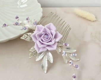 Bridal hair piece, Lilac flower hair comb for wedding, Bridesmaid comb, Wedding hair comb, Wedding hair piece, Leaf hair comb,