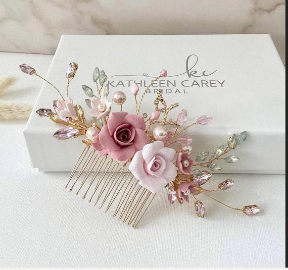 Bridal Hair Comb, Pink Rose Hair Piece for Wedding, Bridal  display picture 3