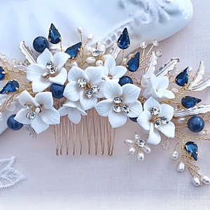 Flower hair comb, Navy blue hairpiece for Bride, Wedding statement, Rhinestone crystals, Freshwater pearls, Bridal headpiece, Hair jewelry