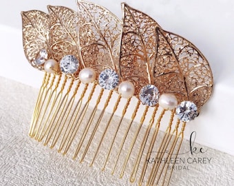 Bridal headpiece, Gold leaf headpiece with freshwater pearls and fine crystals Wedding hair comb Leaf hair piece Bridesmaids comb