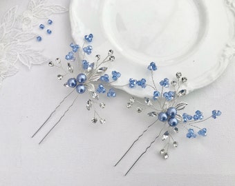 Wedding hair pins, Blue crystal, Blue pearls, For the bride, Silver hair pins, Hair jewelry, Bobby pins, Pearl hairpins,Hair accessory