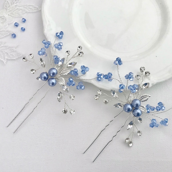 Wedding hair pins, Blue crystal, Blue pearls, For the bride, Silver hair pins, Hair jewelry, Bobby pins, Pearl hairpins,Hair accessory