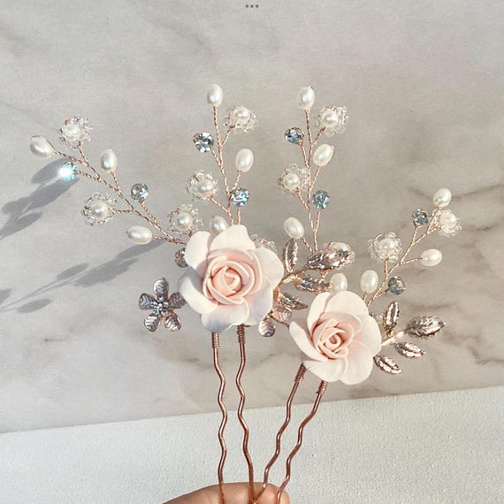 Hair pins,2 Blush pink rose pins for wedding, Hair piece, Brides headpiece, Bobby pins, Rose gold hair pins, Flower hair pins,