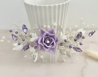 Wedding hair comb, Lavender headpiece, Floral comb with lilac crystals and rhinestones, Brides hair accessories, Bridesmaids flower clip