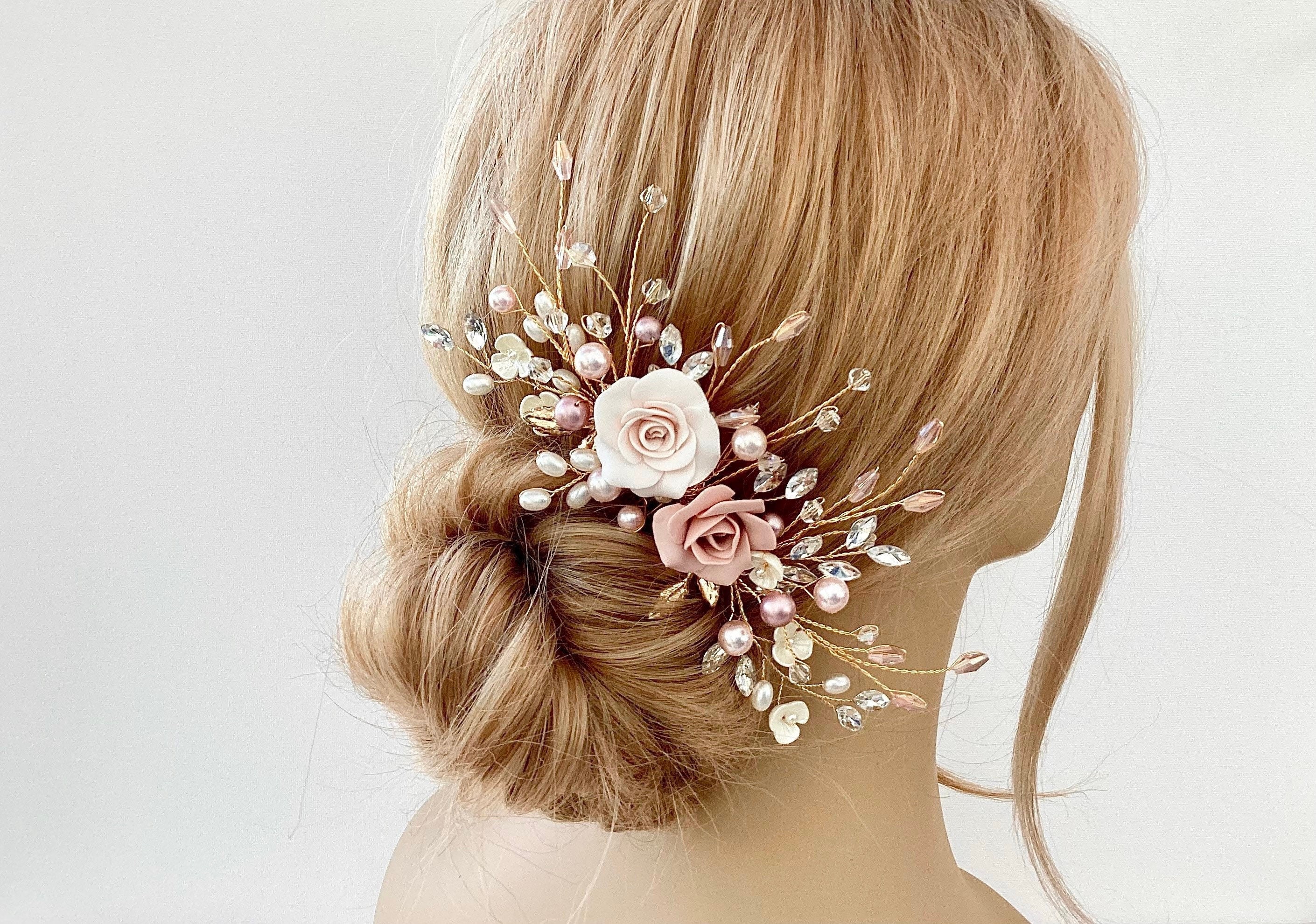 Bridal Hair Comb, Blush Pink Roses With AAA Grade Pearls  display picture 2