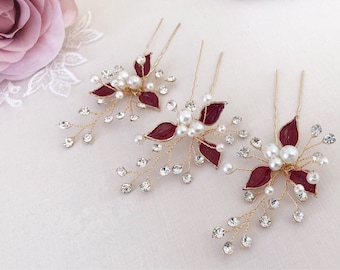 Bridal leaf pins, Burgundy hair accessories, Brides headpiece for wedding, Bobby pins, Bridal hair piece, Set of 3 gold leaf hair pins,