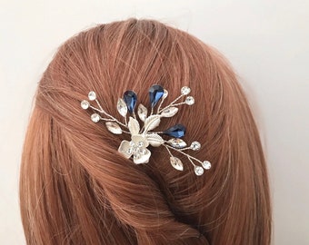 Wedding hair pins, Navy Blue hair accessories, Silver hairpiece, Bridal hair piece, Something blue, Flower head piece