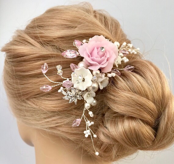 Bridal Hair Comb,pink Floral Hairpiece With AAA Grade Pearls  display picture 1