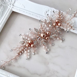 Hair vine, Rose gold pearl hairpiece for wedding, with rhinestone encrusted leaves and crystals, bridesmaid or brides hair piece. image 3