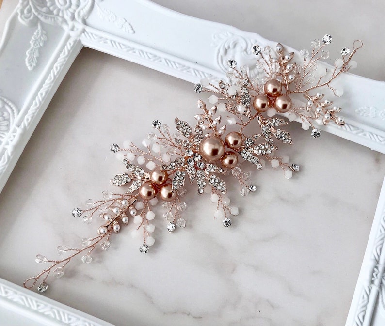 Hair vine, Rose gold pearl hairpiece for wedding, with rhinestone encrusted leaves and crystals, bridesmaid or brides hair piece. image 3