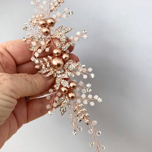 Hair vine, Rose gold pearl hairpiece for wedding, with rhinestone encrusted leaves and crystals, bridesmaid or brides hair piece. image 5