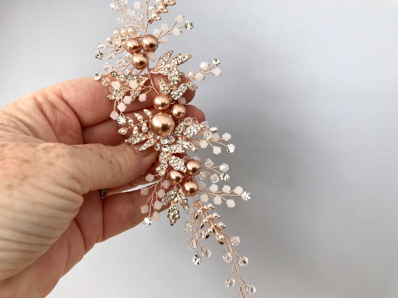 Hair vine, Rose gold pearl hairpiece for wedding, with rhinestone encrusted leaves and crystals, bridesmaid or brides hair piece. image 5