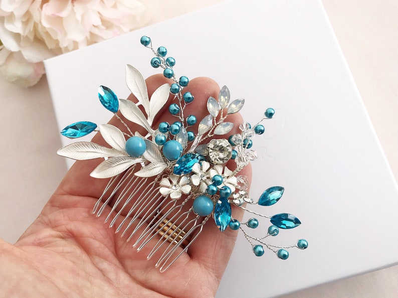 Bridesmaids comb Crystal jewelry Bridal headpiece,Turqouise comb for weddings Pearl bridal comb Silver hair comb Wedding accessories