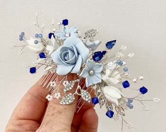 Bridal hair piece, Blue flower large silver comb, Bridesmaid comb, Wedding hair comb, Something blue, Wedding hair piece, Crystal hair comb,