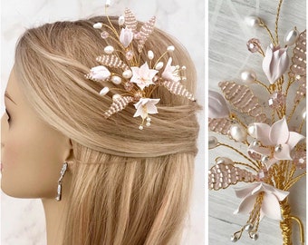 Bridal hairpiece, Dusty pink roses, Wedding hair comb, Wedding hair piece, Hair accessories, Floral hair clip, Freshwater pearl comb