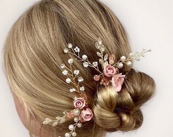 Pink bridal hair pins, Rose wedding hair accessories with crystals , perfect for weddings, parties or proms. Ideal for the Bride .