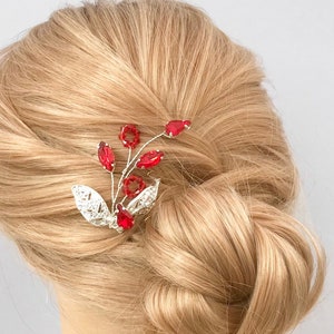 Wedding Hair pin, Red Bridal hair accessories, Brides hair piece, Bridesmaids silver and red hair pin, leaf pins, Christmas red accessories