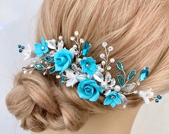 Bridal hair piece, Turquoise floral headpiece for weddings, Flower hair piece, Wedding hair comb, Bridal headpiece, Bridesmaid comb