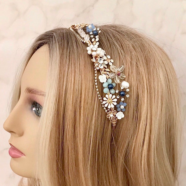 Bridal headband, Blue hair piece for wedding suitable for bride or bridesmaid, Something blue, Bridal crown, Floral hair accessories,