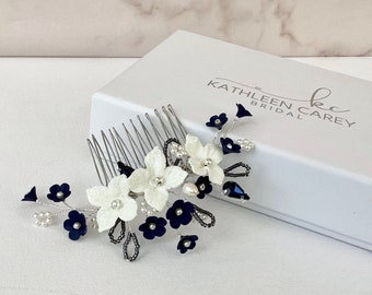 Bridal hair comb,Ivory and Navy blue floral headpiece for weddings, Flower hair piece,perfect for the Bride, Bridesmaid, Mother of the bride