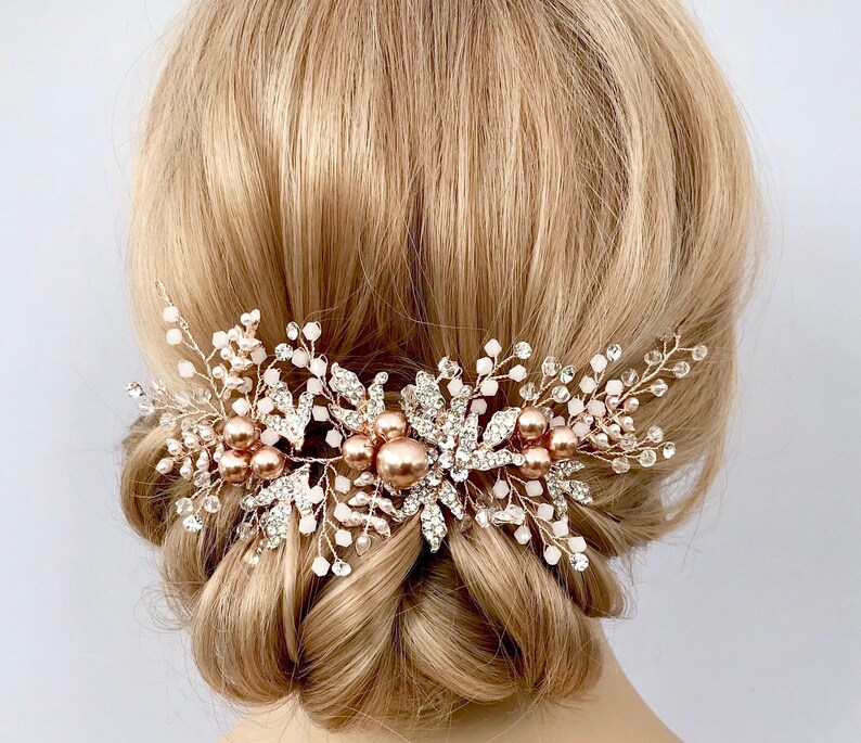 Hair vine, Rose gold pearl hairpiece for wedding, with rhinestone encrusted leaves and crystals, bridesmaid or brides hair piece. image 2